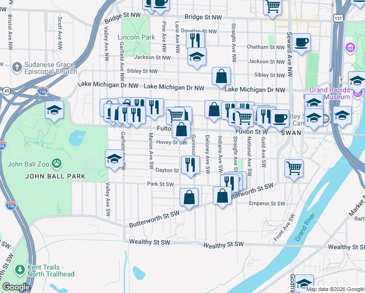 map of restaurants, bars, coffee shops, grocery stores, and more near 22 Lane Avenue Southwest in Grand Rapids