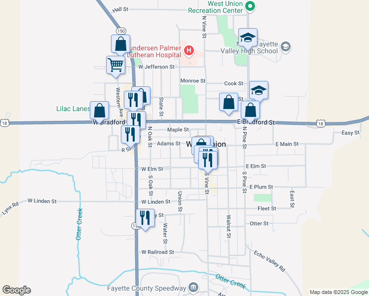 map of restaurants, bars, coffee shops, grocery stores, and more near 128 Adams Street in West Union