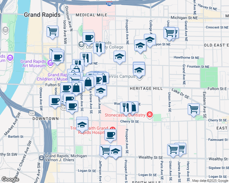 map of restaurants, bars, coffee shops, grocery stores, and more near 17 Lafayette Avenue Southeast in Grand Rapids
