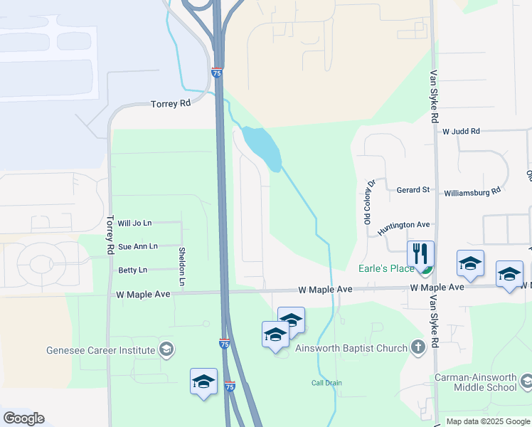 map of restaurants, bars, coffee shops, grocery stores, and more near 4463 Jena Lane in Flint