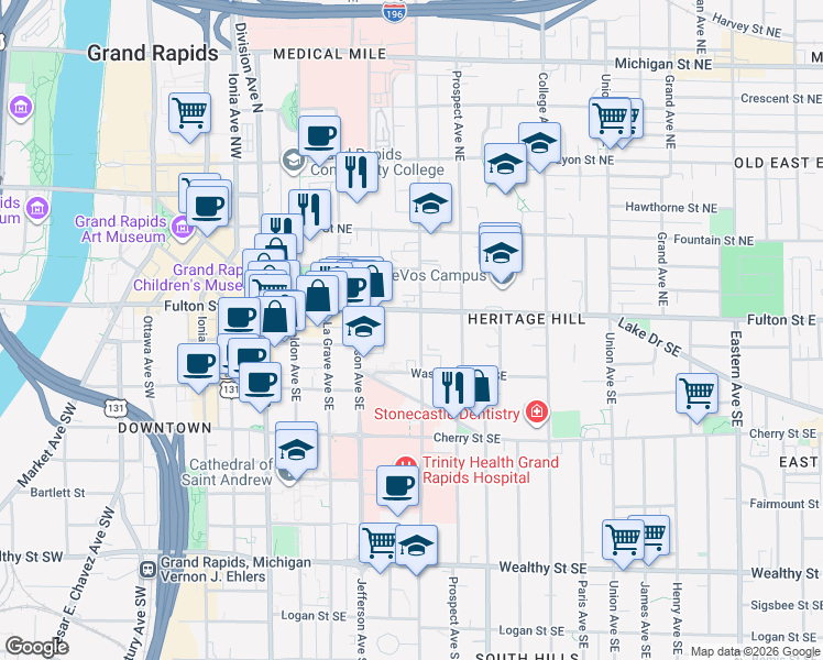 map of restaurants, bars, coffee shops, grocery stores, and more near 233 Fulton Street East in Grand Rapids