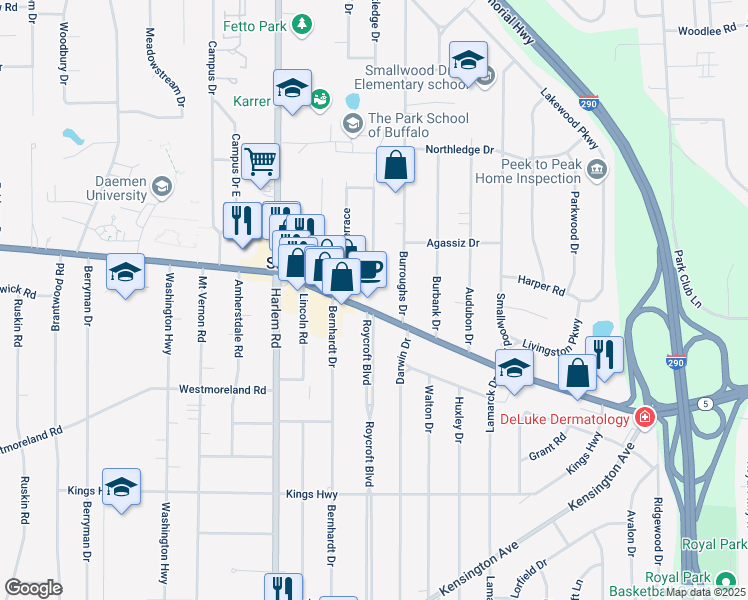 map of restaurants, bars, coffee shops, grocery stores, and more near 4614 Main Street in Snyder