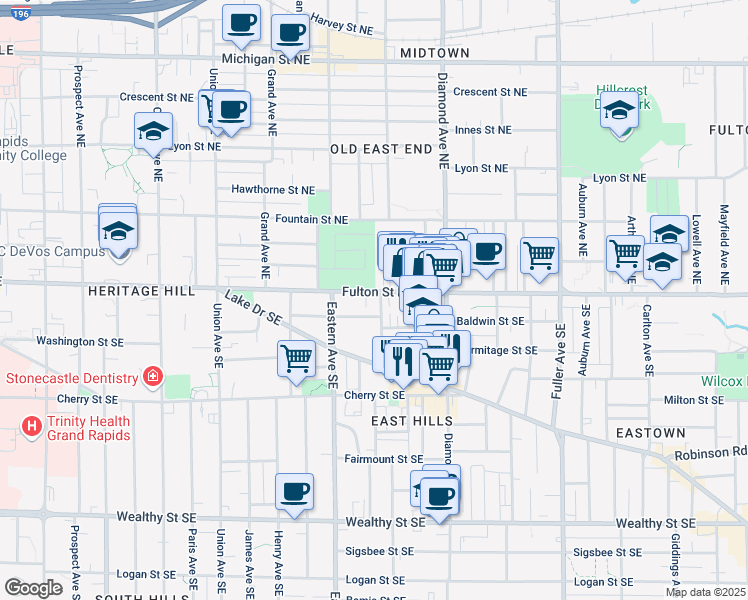 map of restaurants, bars, coffee shops, grocery stores, and more near 846 Fulton Street East in Grand Rapids