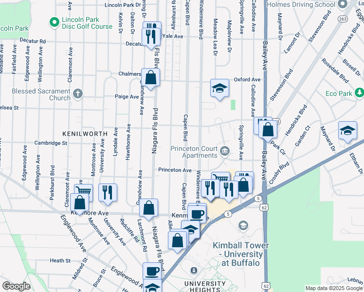 map of restaurants, bars, coffee shops, grocery stores, and more near 243 Capen Boulevard in Buffalo