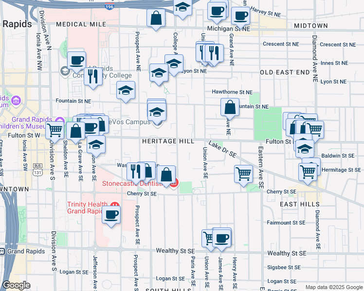 map of restaurants, bars, coffee shops, grocery stores, and more near 513 Clancy Avenue Northeast in Grand Rapids