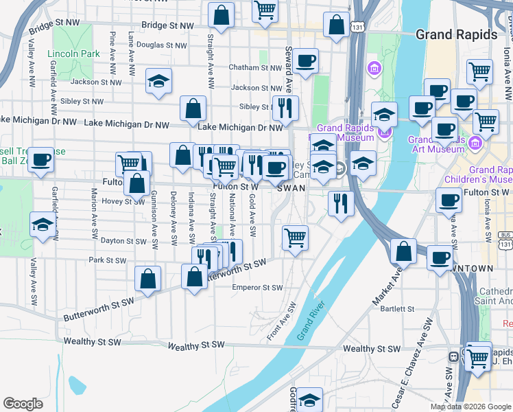 map of restaurants, bars, coffee shops, grocery stores, and more near 28 Gold Avenue Southwest in Grand Rapids