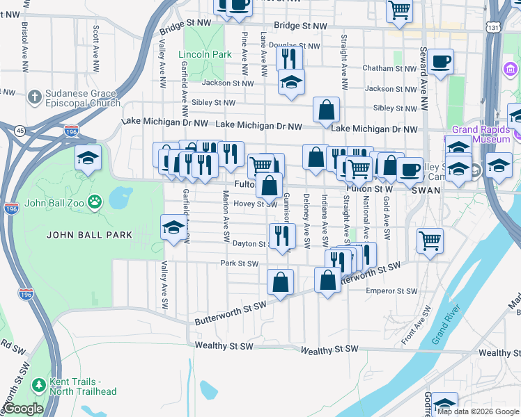 map of restaurants, bars, coffee shops, grocery stores, and more near 1027 Hovey Street Southwest in Grand Rapids
