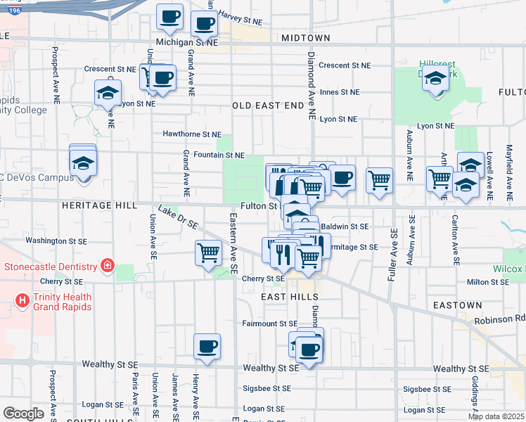 map of restaurants, bars, coffee shops, grocery stores, and more near 846 Fulton Street East in Grand Rapids