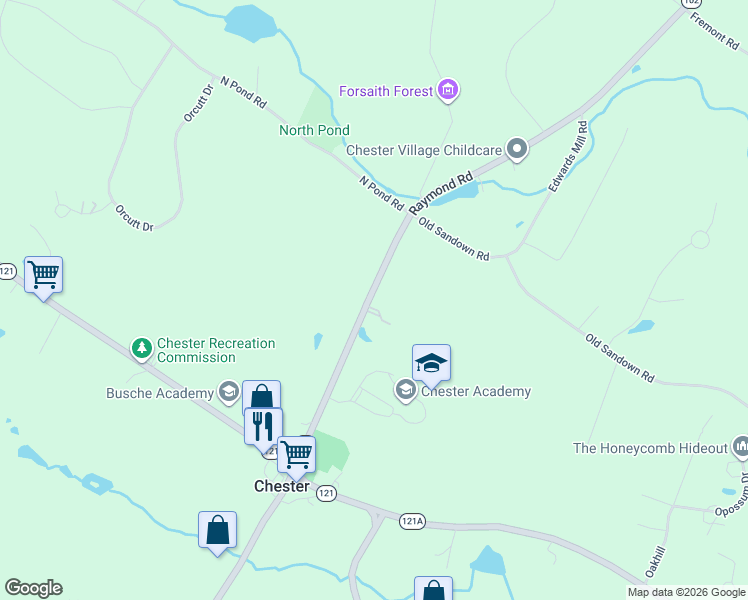 map of restaurants, bars, coffee shops, grocery stores, and more near 90 Raymond Road in Chester