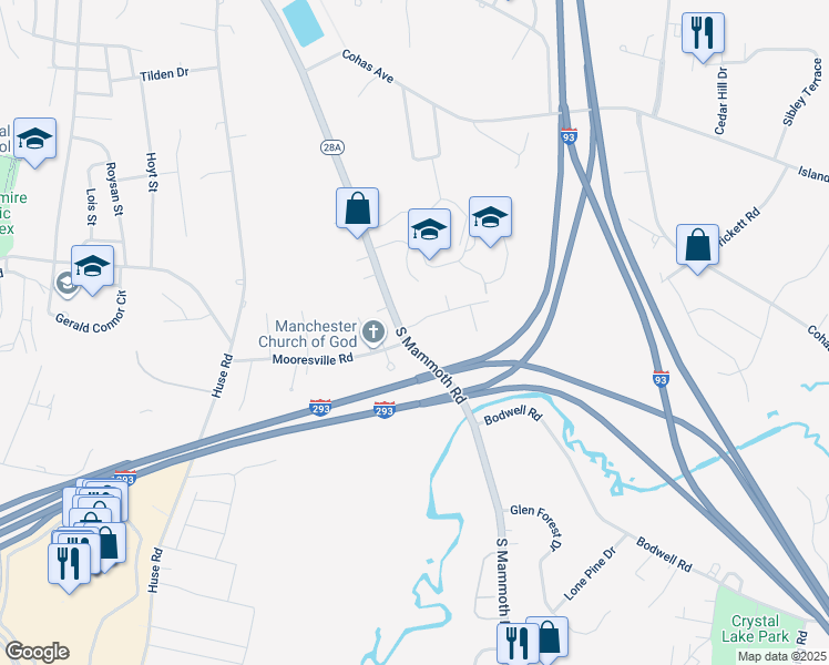 map of restaurants, bars, coffee shops, grocery stores, and more near 39 Brady Circle in Manchester