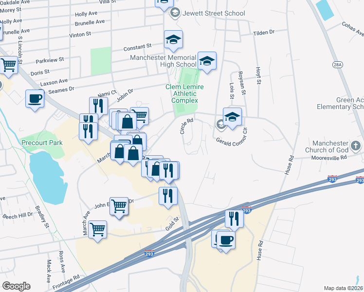 map of restaurants, bars, coffee shops, grocery stores, and more near 115 Circle Road in Manchester