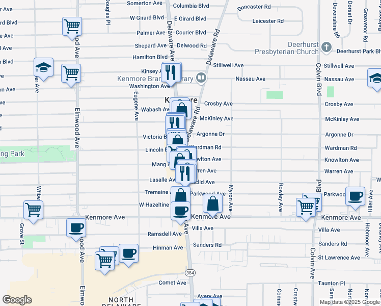 map of restaurants, bars, coffee shops, grocery stores, and more near 34 Wardman Road in Kenmore