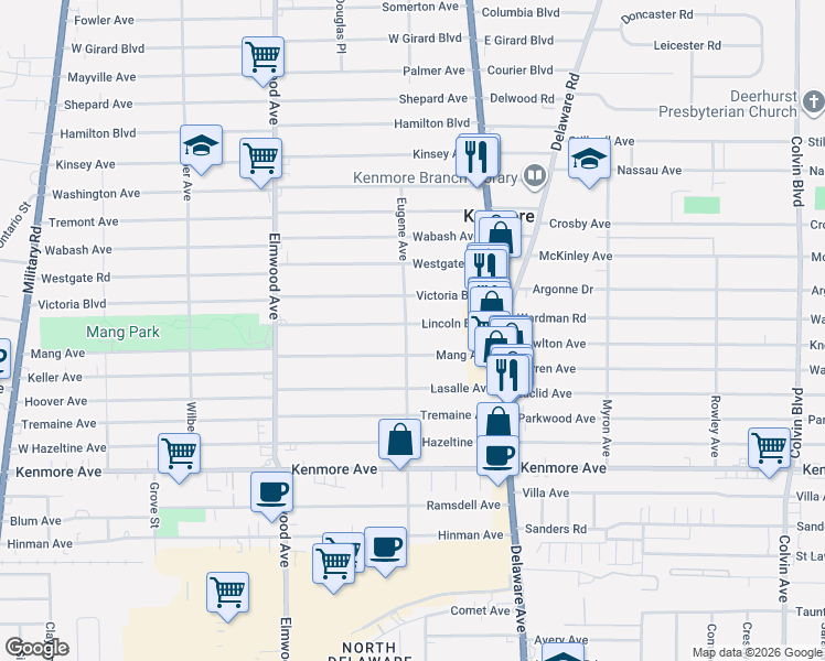 map of restaurants, bars, coffee shops, grocery stores, and more near 75 Lincoln Boulevard in Buffalo