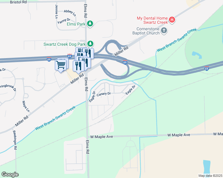 map of restaurants, bars, coffee shops, grocery stores, and more near 101 Sparrow Drive in Swartz Creek