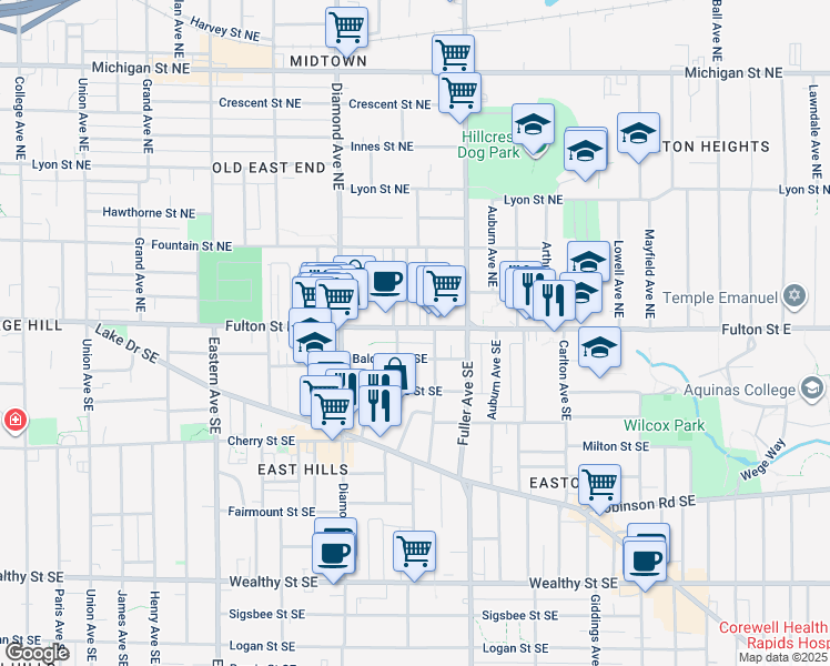 map of restaurants, bars, coffee shops, grocery stores, and more near 1131 Fulton Street East in Grand Rapids