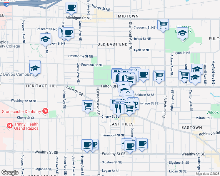 map of restaurants, bars, coffee shops, grocery stores, and more near 905 Fulton Street East in Grand Rapids