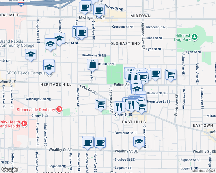 map of restaurants, bars, coffee shops, grocery stores, and more near 753 Fulton Street East in Grand Rapids