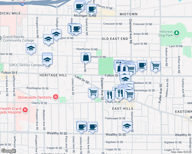 map of restaurants, bars, coffee shops, grocery stores, and more near 753 Fulton Street East in Grand Rapids