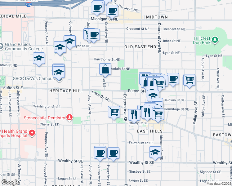 map of restaurants, bars, coffee shops, grocery stores, and more near 753 Fulton Street East in Grand Rapids