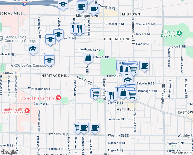 map of restaurants, bars, coffee shops, grocery stores, and more near 719 Fulton Street East in Grand Rapids