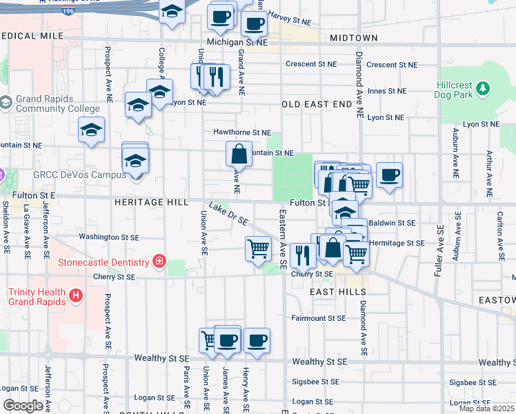 map of restaurants, bars, coffee shops, grocery stores, and more near 719 Fulton Street East in Grand Rapids