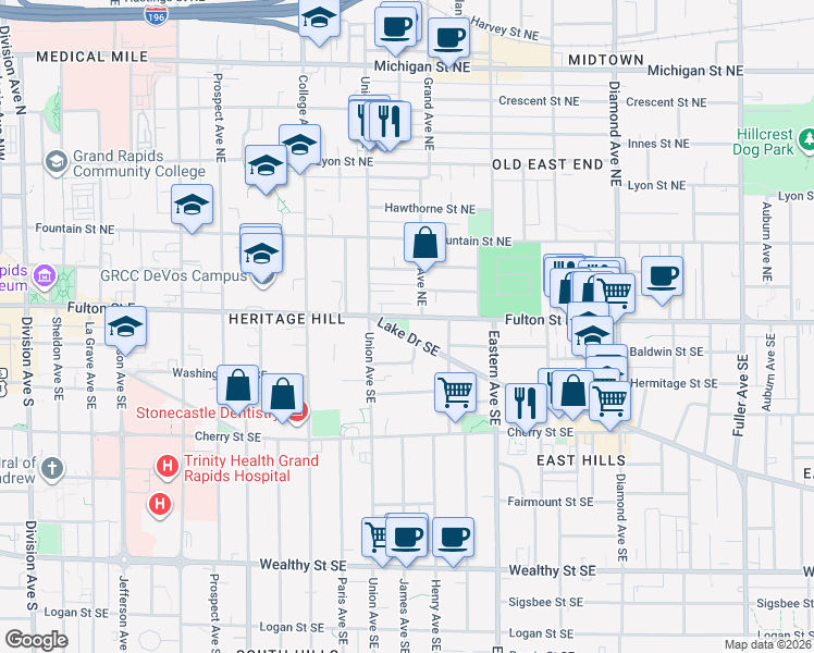 map of restaurants, bars, coffee shops, grocery stores, and more near 635 Fulton Street East in Grand Rapids