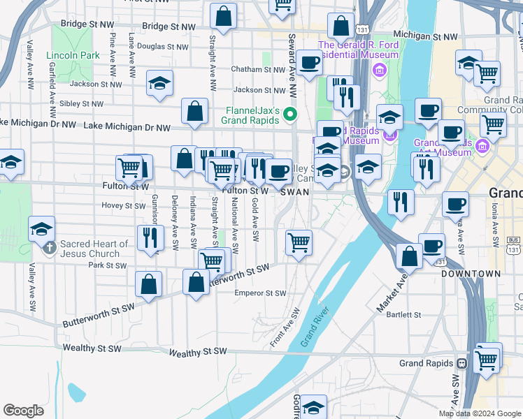 map of restaurants, bars, coffee shops, grocery stores, and more near 18 Gold Avenue Southwest in Grand Rapids