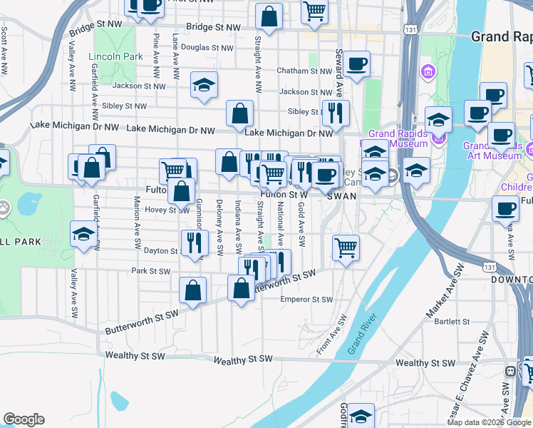 map of restaurants, bars, coffee shops, grocery stores, and more near 25 Straight Avenue Southwest in Grand Rapids