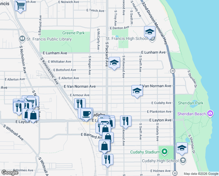 map of restaurants, bars, coffee shops, grocery stores, and more near 3622 East Van Norman Avenue in Cudahy