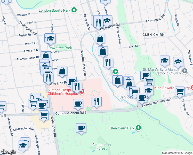 map of restaurants, bars, coffee shops, grocery stores, and more near 320 Westminster Avenue in London