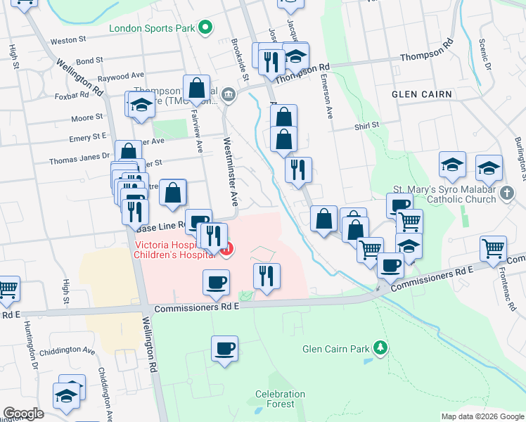 map of restaurants, bars, coffee shops, grocery stores, and more near 320 Westminster Avenue in London