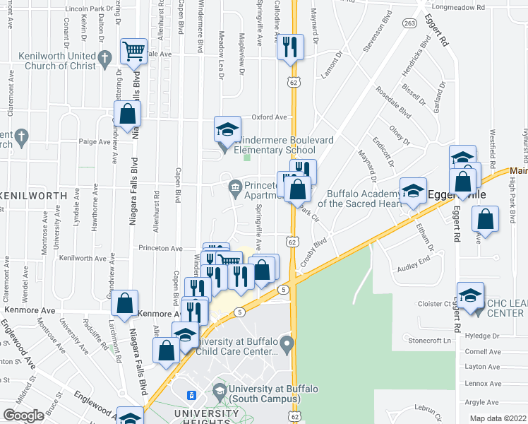 map of restaurants, bars, coffee shops, grocery stores, and more near 139 Springville Avenue in Buffalo