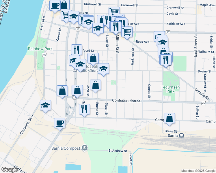 map of restaurants, bars, coffee shops, grocery stores, and more near 334 Stuart Street in Sarnia