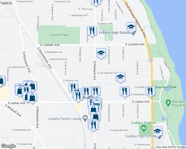 map of restaurants, bars, coffee shops, grocery stores, and more near 4503 South Packard Avenue in Cudahy