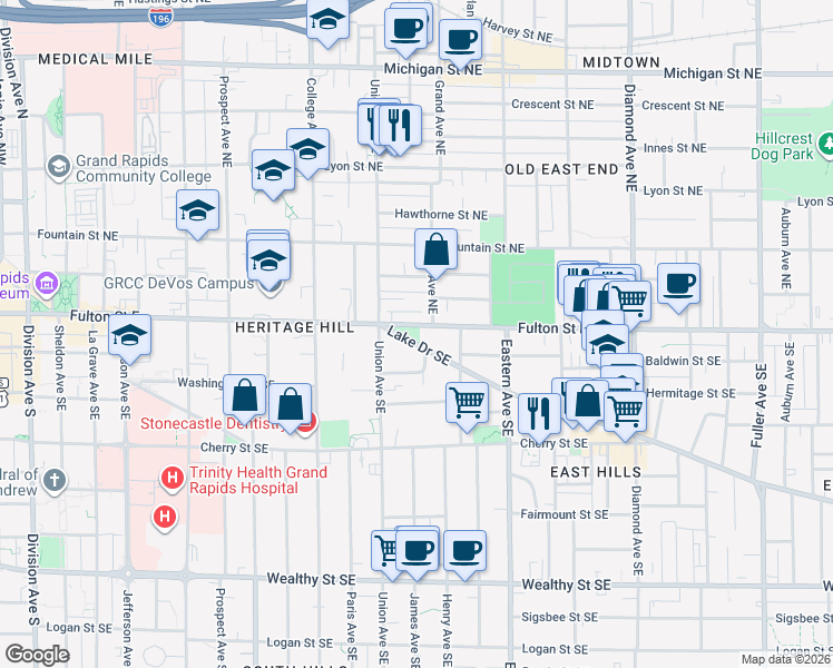 map of restaurants, bars, coffee shops, grocery stores, and more near 635 Fulton Street East in Grand Rapids