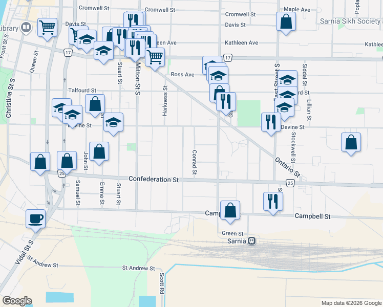 map of restaurants, bars, coffee shops, grocery stores, and more near 311 Conrad Street in Sarnia