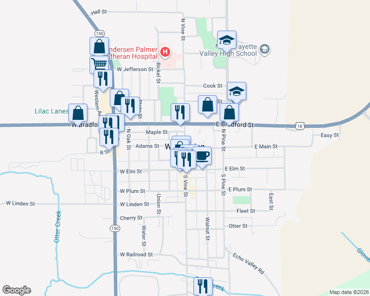 map of restaurants, bars, coffee shops, grocery stores, and more near in West Union