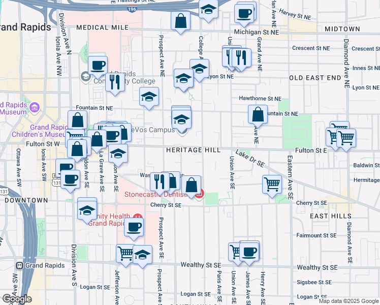 map of restaurants, bars, coffee shops, grocery stores, and more near 458 Fulton Street East in Grand Rapids