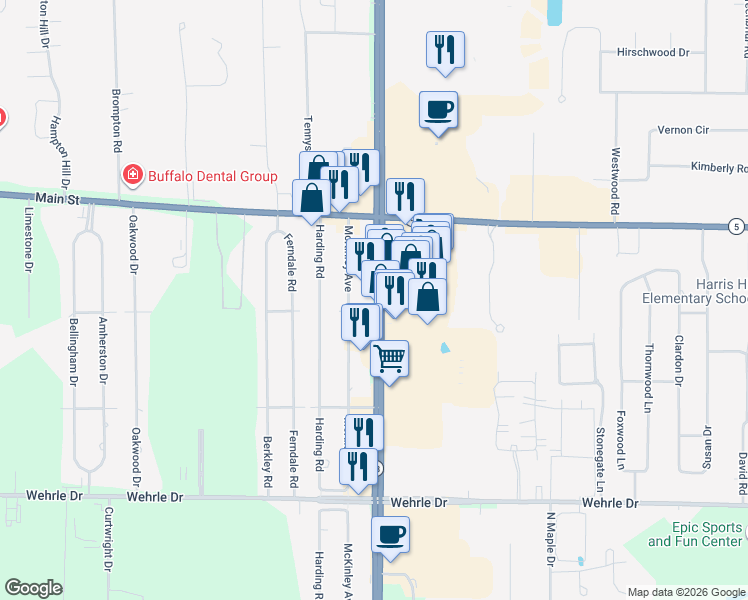map of restaurants, bars, coffee shops, grocery stores, and more near 7170 Transit Road in Buffalo