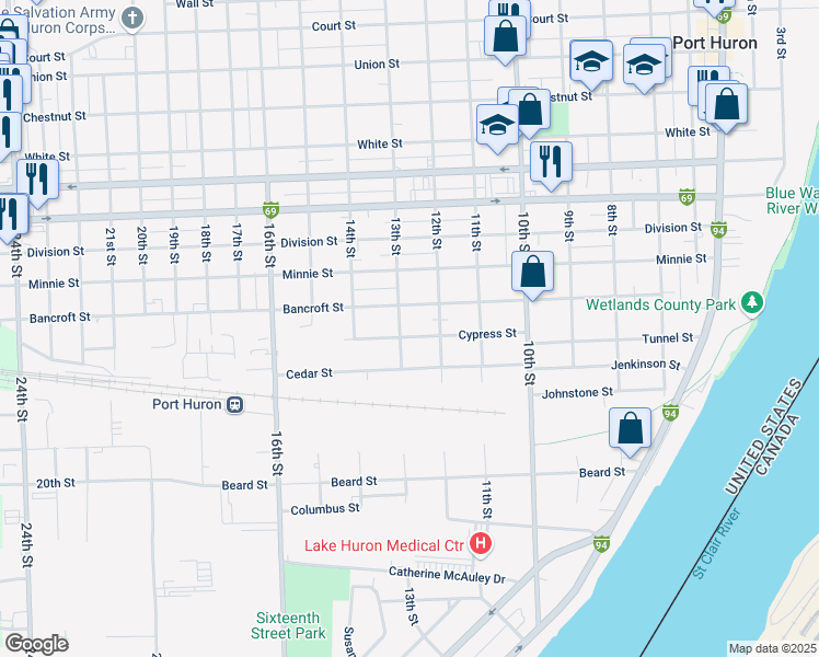 map of restaurants, bars, coffee shops, grocery stores, and more near 1300 Bancroft Street in Port Huron