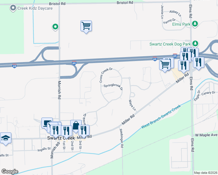 map of restaurants, bars, coffee shops, grocery stores, and more near 4251-4311 Springbrook Drive in Swartz Creek