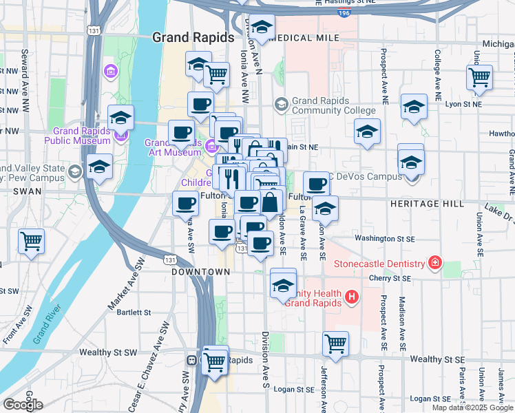 map of restaurants, bars, coffee shops, grocery stores, and more near in Grand Rapids