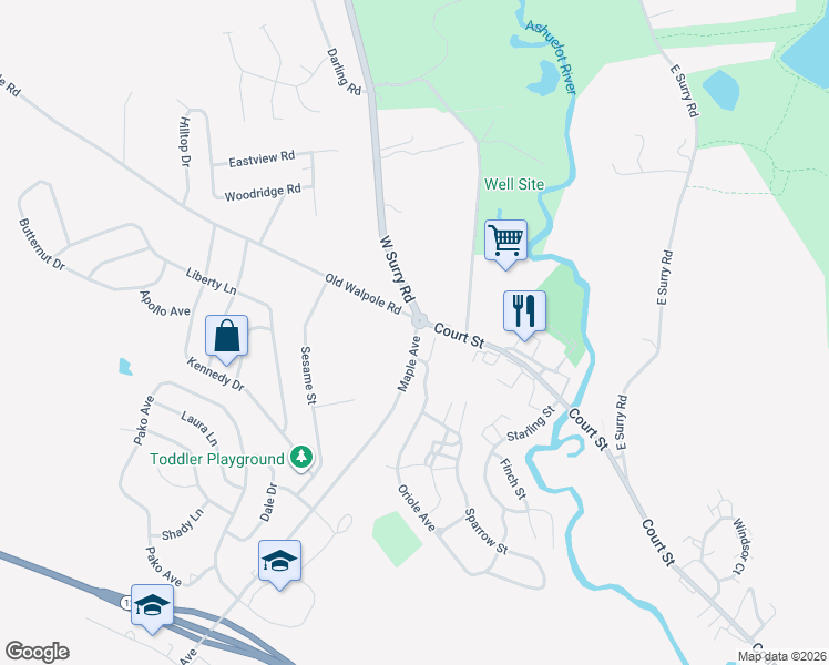 map of restaurants, bars, coffee shops, grocery stores, and more near 317 Maple Avenue in Keene