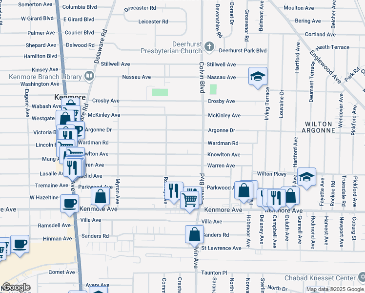 map of restaurants, bars, coffee shops, grocery stores, and more near 272 Wardman Road in Buffalo