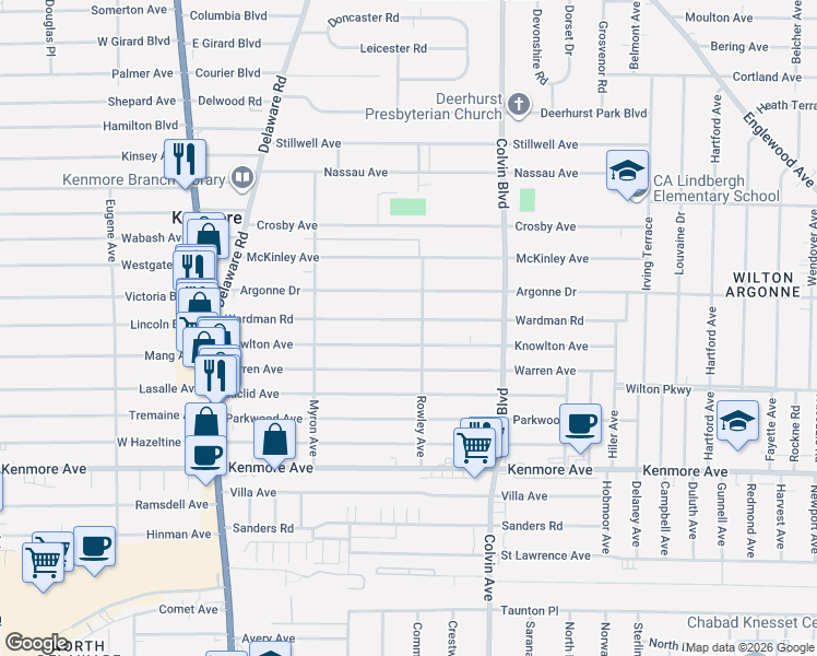 map of restaurants, bars, coffee shops, grocery stores, and more near 196 Wardman Road in Buffalo