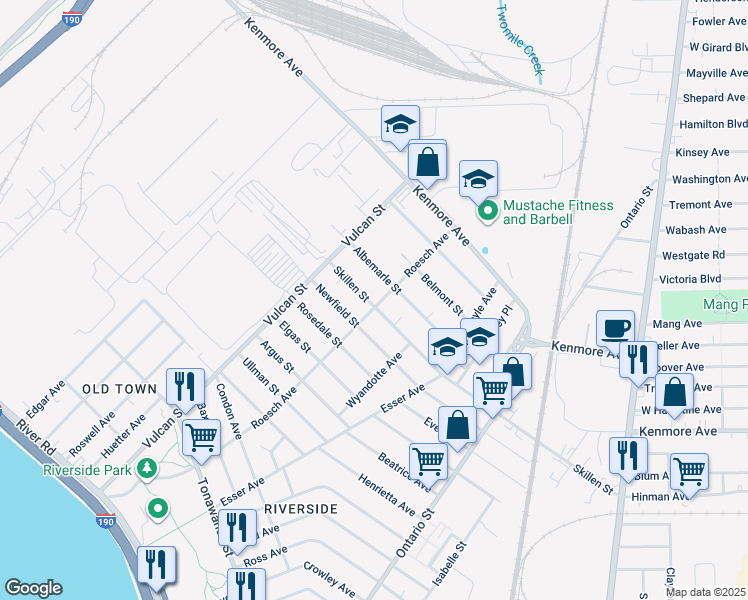 map of restaurants, bars, coffee shops, grocery stores, and more near 326 Roesch Avenue in Buffalo