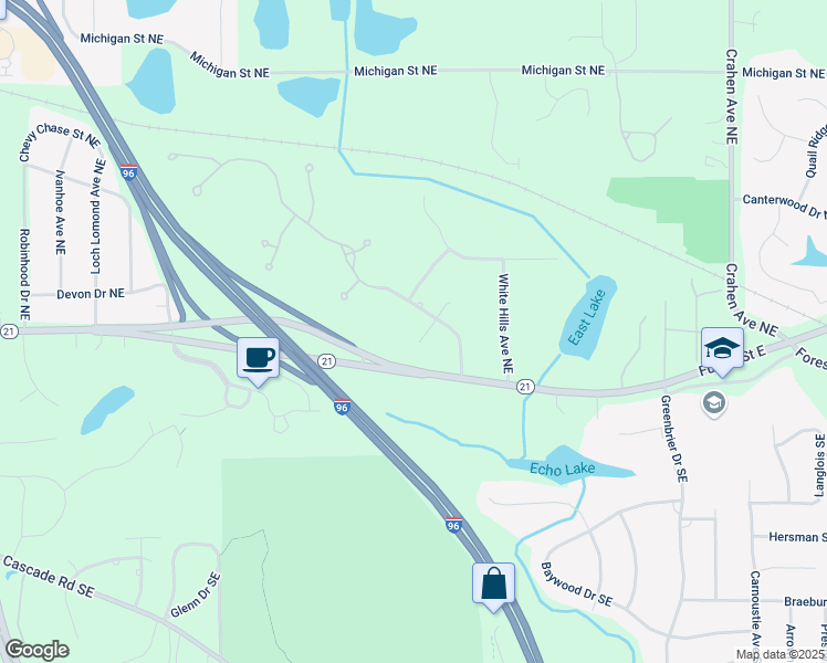 map of restaurants, bars, coffee shops, grocery stores, and more near 3888 Bridgestone Drive Northeast in Grand Rapids