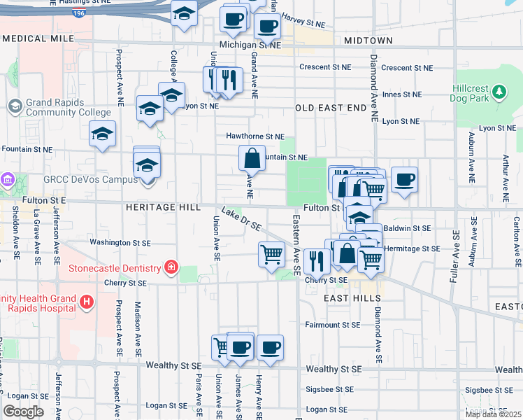 map of restaurants, bars, coffee shops, grocery stores, and more near 719 Fulton Street East in Grand Rapids