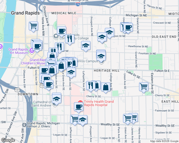 map of restaurants, bars, coffee shops, grocery stores, and more near 326 Fulton Street East in Grand Rapids