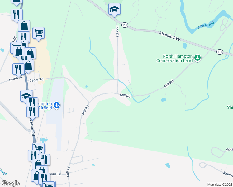 map of restaurants, bars, coffee shops, grocery stores, and more near 40 Mill Road in North Hampton